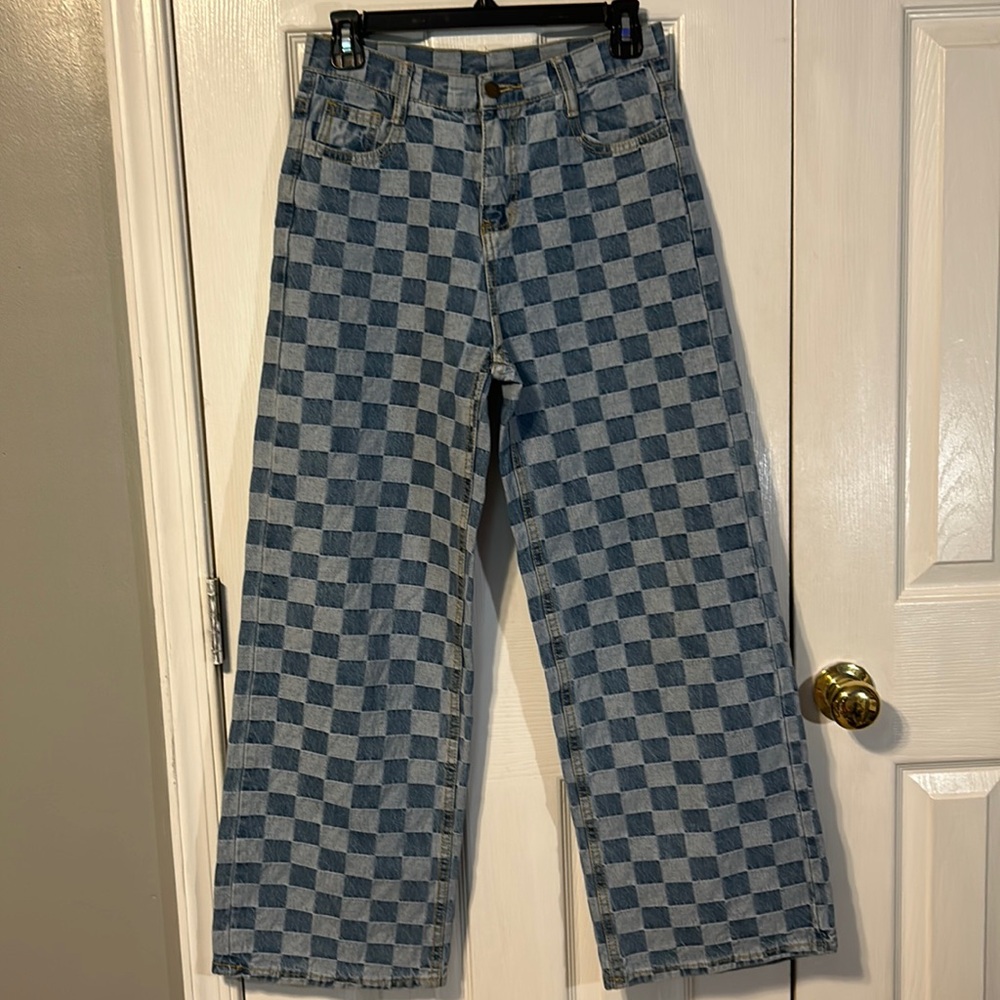 Size M Checker Print Light-wash Jeans